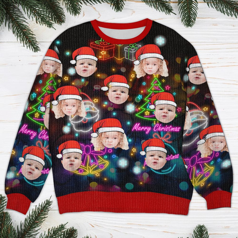 GeckoCustom Custom Face Photo Christmas Neon Light Ugly Sweater TH10 891631