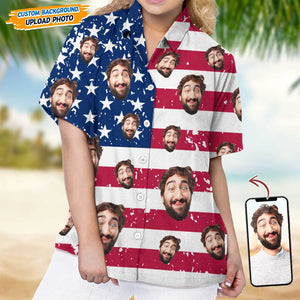 GeckoCustom Custom Face Photo With US Flag Vertical Stripes Women's Hawaii Shirt TA29 889330