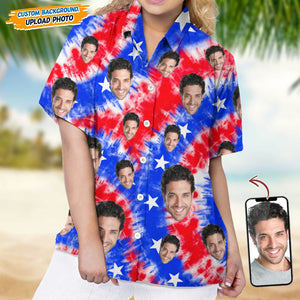 GeckoCustom Custom Face Photo With US Flag Vertical Stripes Women's Hawaii Shirt TA29 889330