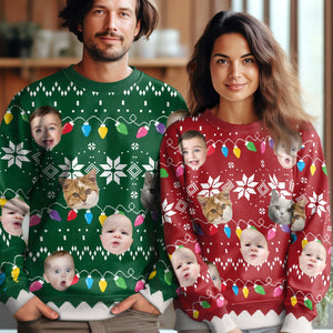 GeckoCustom Custom Faces Funny Christmas Lights Ugly Sweater Gift For Family HA75 891592