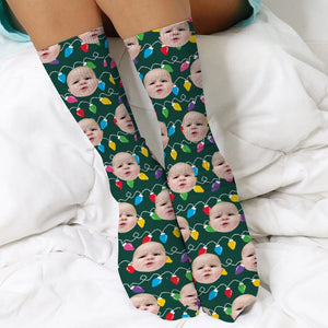 GeckoCustom Custom Family Photo With Colorful Christmas Lights Socks HA75 891402