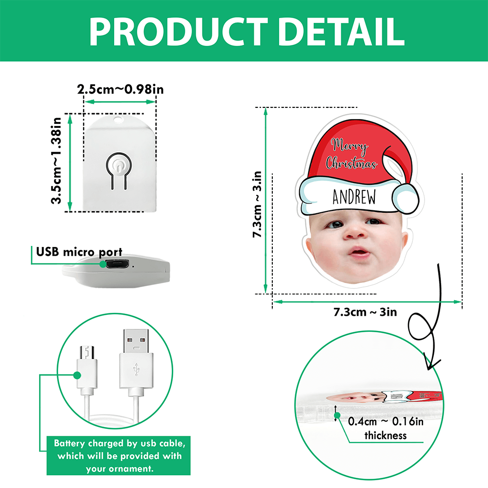 GeckoCustom Custom Human Face Photo With Santa Hat Christmas Acrylic LED Ornament TH10 892149 3 inches