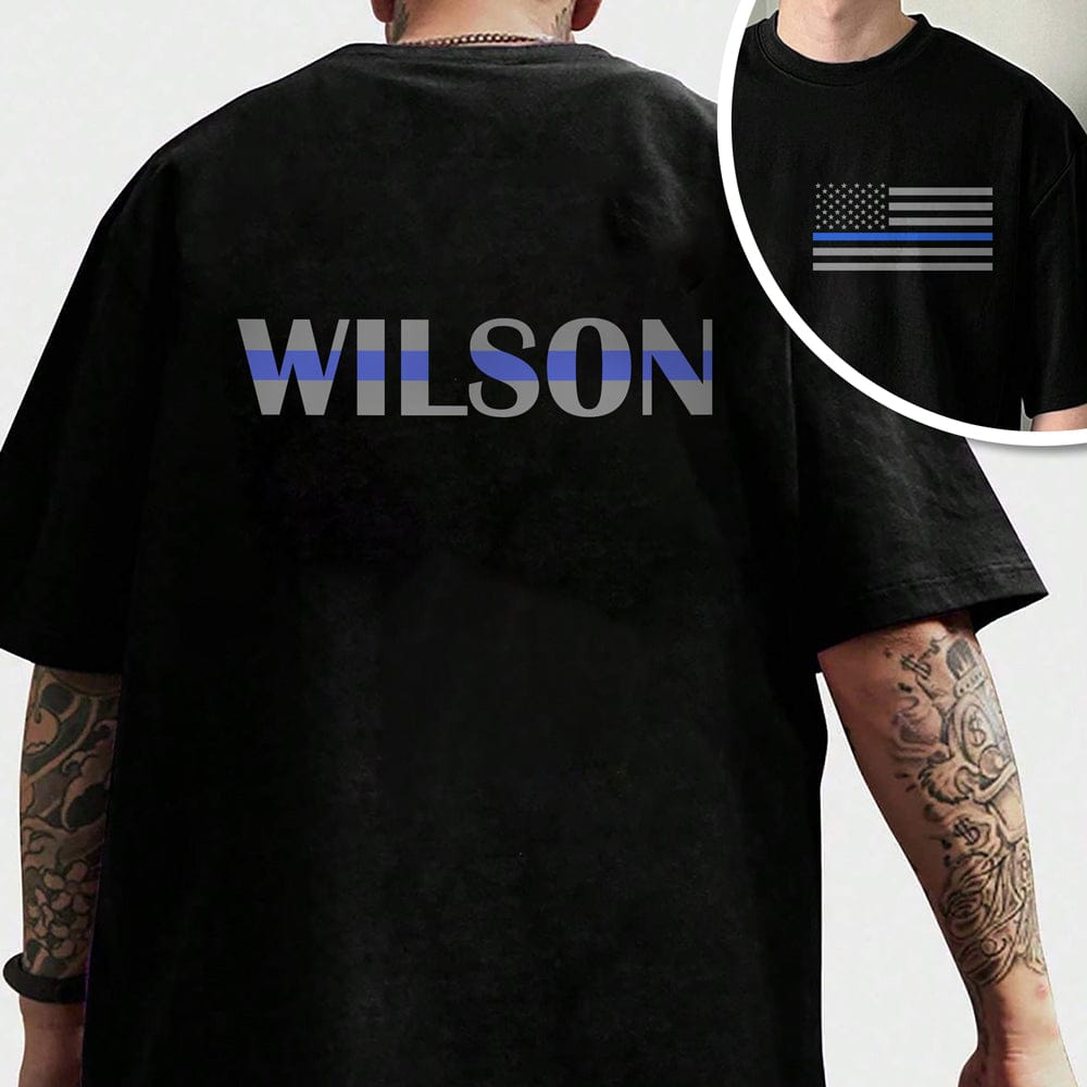 GeckoCustom Custom Name Blue Line American Flag Dark Back & Front Shirt Gift For Police HO82 893482