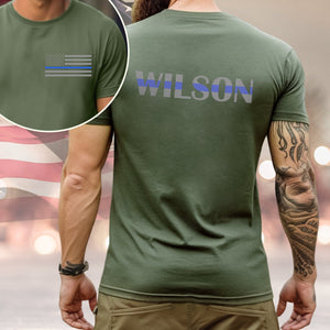 GeckoCustom Custom Name Blue Line American Flag Dark Back & Front Shirt Gift For Police HO82 893482