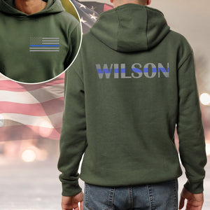 GeckoCustom Custom Name Blue Line American Flag Dark Back & Front Shirt Gift For Police HO82 893482 Pullover Hoodie / Black Colour / S