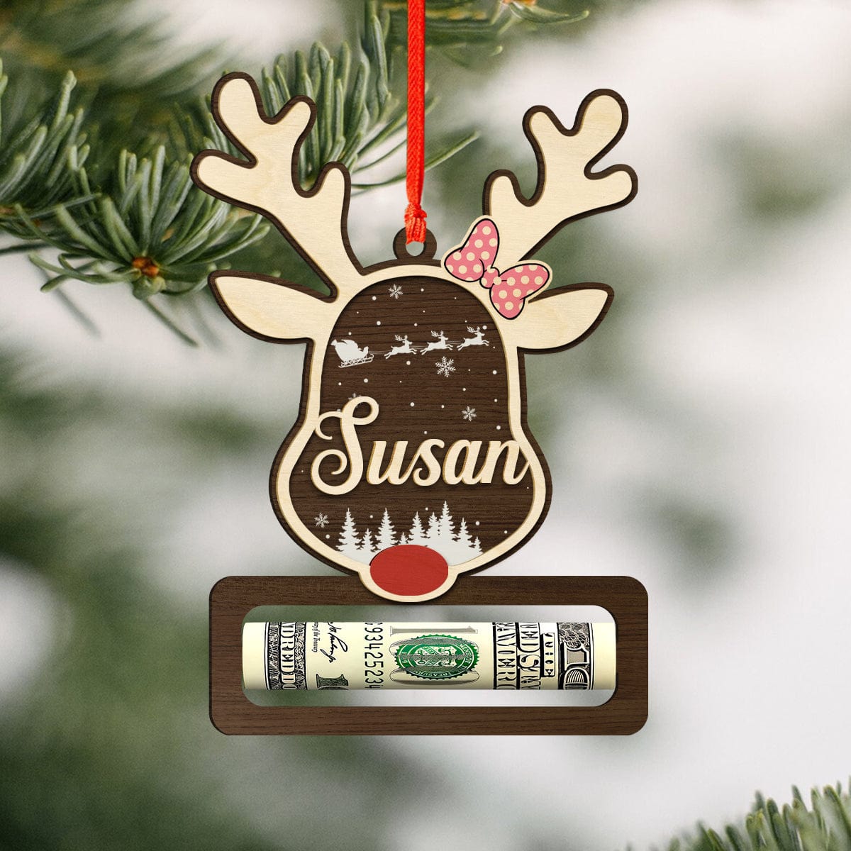 GeckoCustom Custom Name Christmas Reindeer Wood Money Holder Ornament HO82 893300 4"x4"