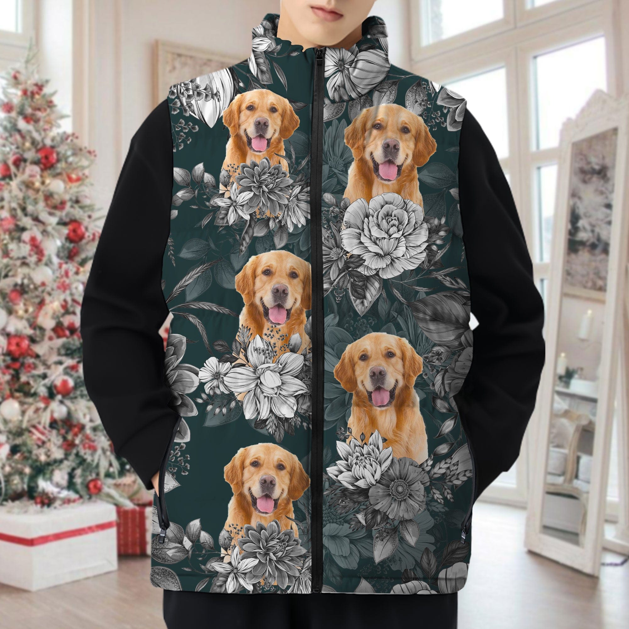 GeckoCustom Custom Pet Photo Flower Pattern Collar Down Vest HO82 893240