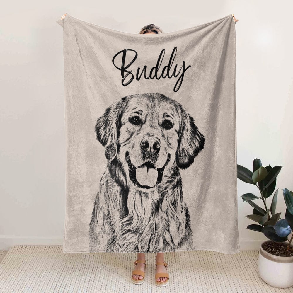 GeckoCustom Custom Pet Photo with Name Pencil Drawing Blanket For Dog Lovers LM32 891919