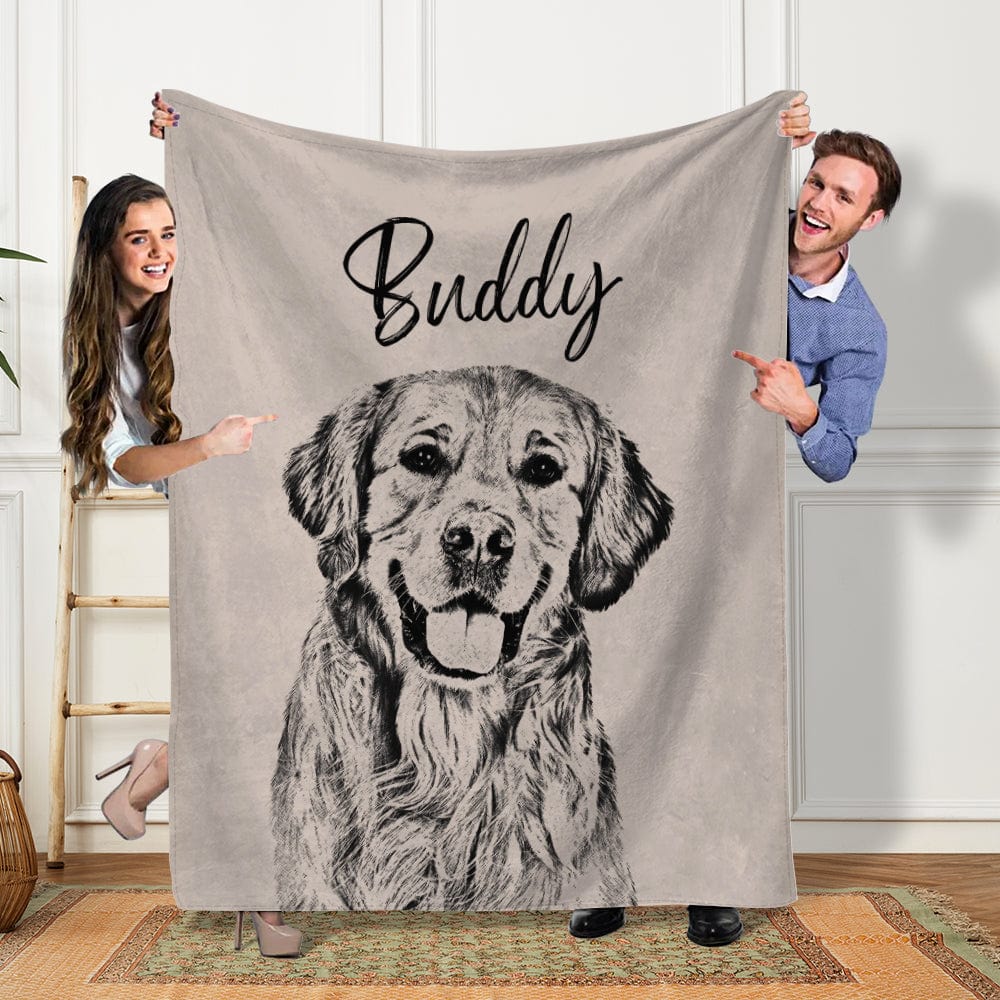 GeckoCustom Custom Pet Photo with Name Pencil Drawing Blanket For Dog Lovers LM32 891919