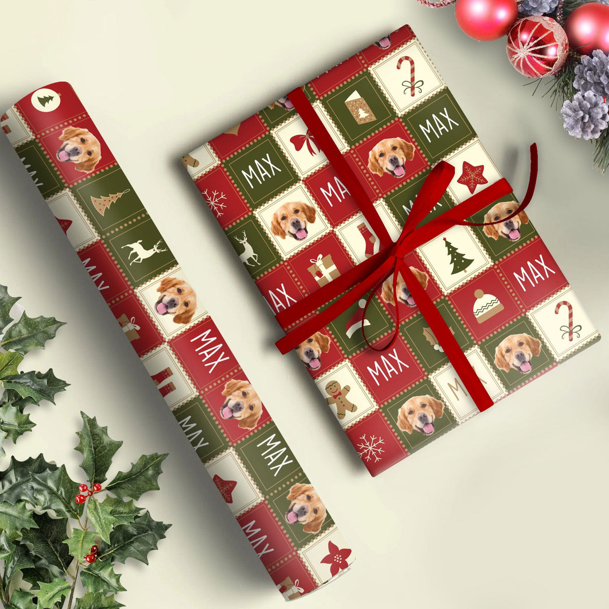 GeckoCustom Custom Photo Christmas Pattern Dog Cat Wrapping Paper TH10 892215