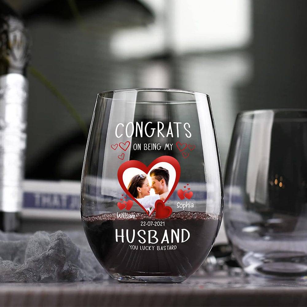 GeckoCustom Custom Photo Congrats On Being My Husband Couple Stemless Wine Glass HO82 8933670 14.5 oz