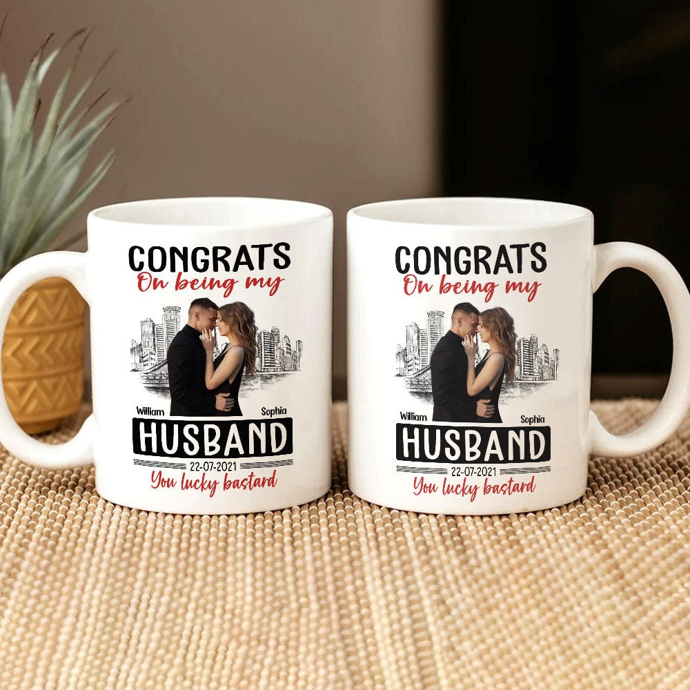 GeckoCustom Custom Photo Congrats On Being My Husband You Lucky Bastard Couple Mug N304 889962