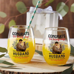 GeckoCustom Custom Photo Congrats On Being My Husband You Lucky Bastard Stemless Wine Glass HO82 893366 14.5 oz