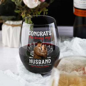 GeckoCustom Custom Photo Congrats On Being My Husband You Lucky Bastard Stemless Wine Glass HO82 893366 14.5 oz