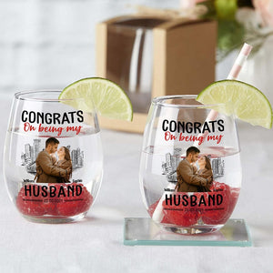 GeckoCustom Custom Photo Congrats On Being My Husband You Lucky Bastard Stemless Wine Glass HO82 893366 14.5 oz