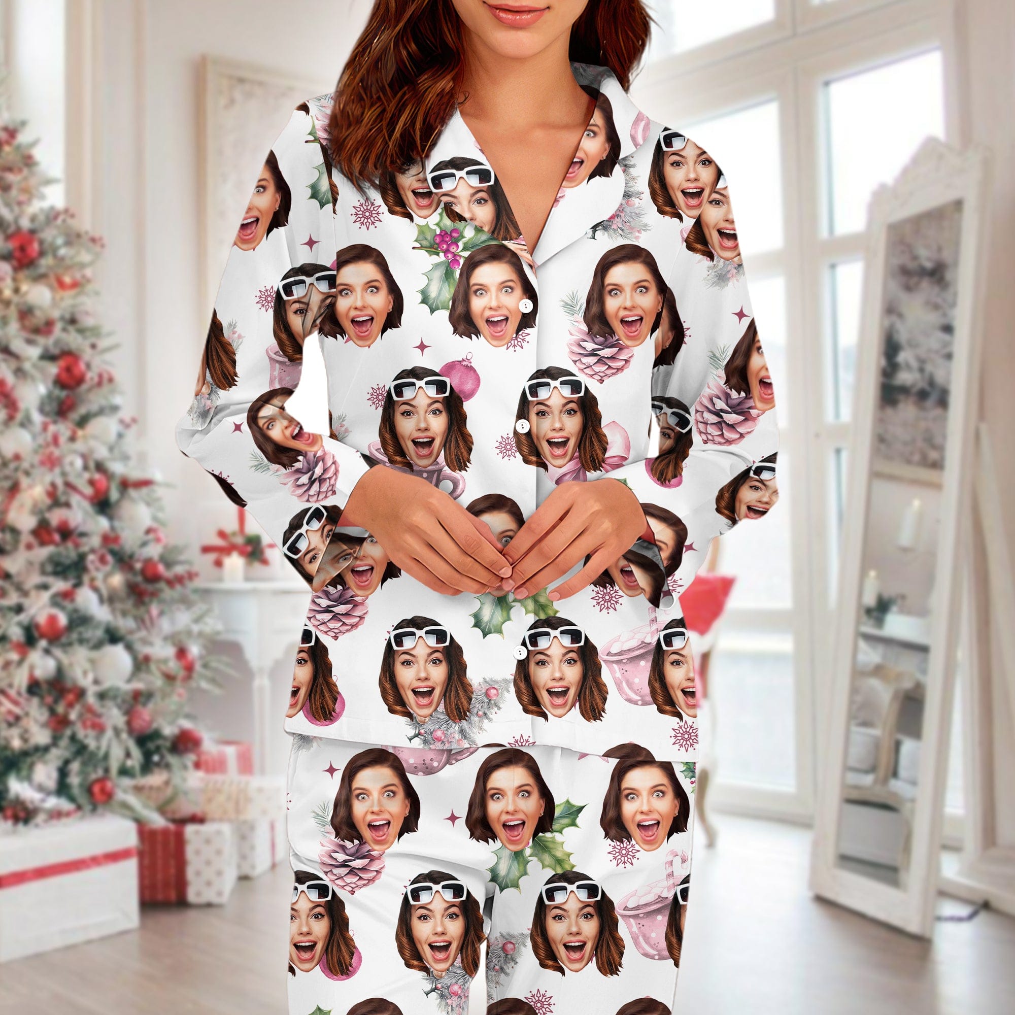 GeckoCustom Custom Photo Coquette Bows Christmas Pajamas Funny Gift For Bestie LM32 895006 For Adult / Combo Shirt And Pants (Favorite) / S