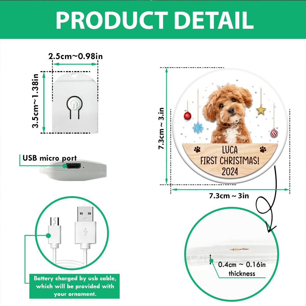 GeckoCustom Custom Photo Dog, Cat First Christmas Circle Led Acrylic Ornament HA75 891678 3 inches