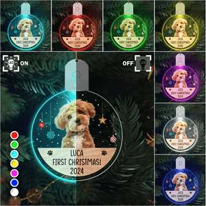 GeckoCustom Custom Photo Dog, Cat First Christmas Circle Led Acrylic Ornament HA75 891678 3 inches