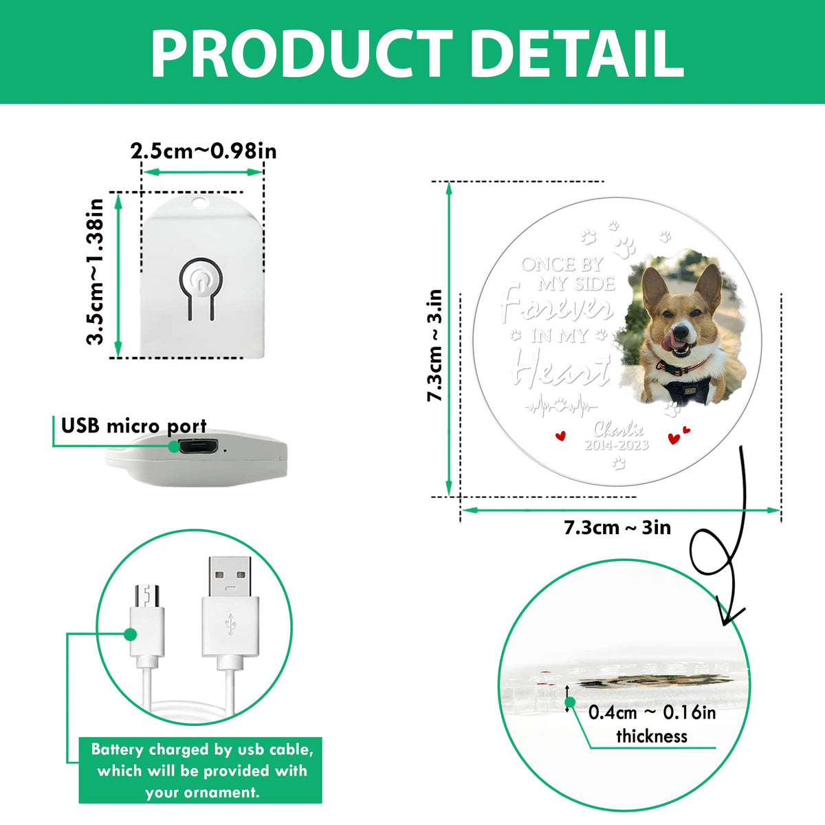 GeckoCustom Custom Photo Dog Once By My Side Forever In My Heart Memorial Led Acrylic Ornament HA75 891937 3 inches