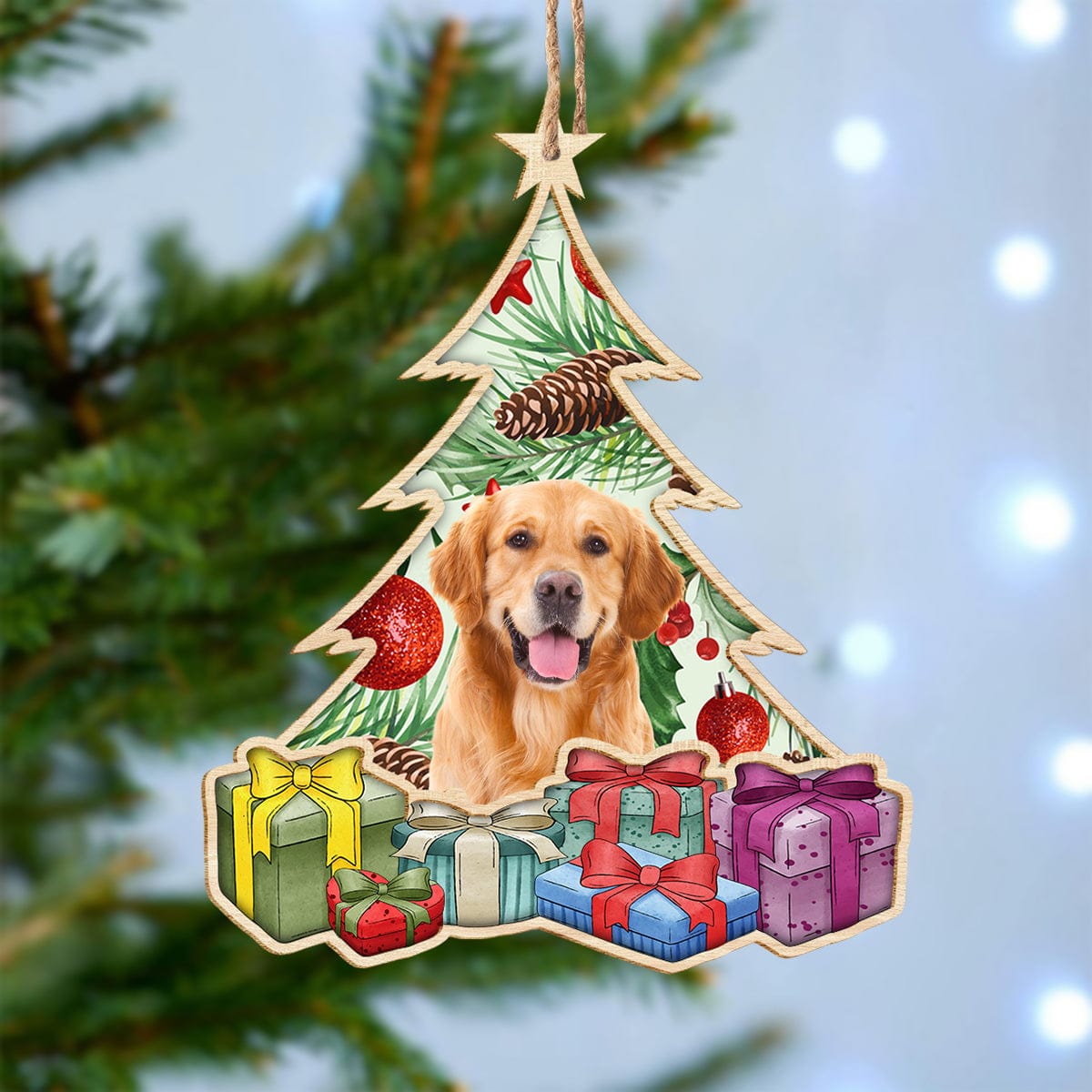 GeckoCustom Custom Photo Dog Under Christmas Tree Wooden Ornament N304 889897