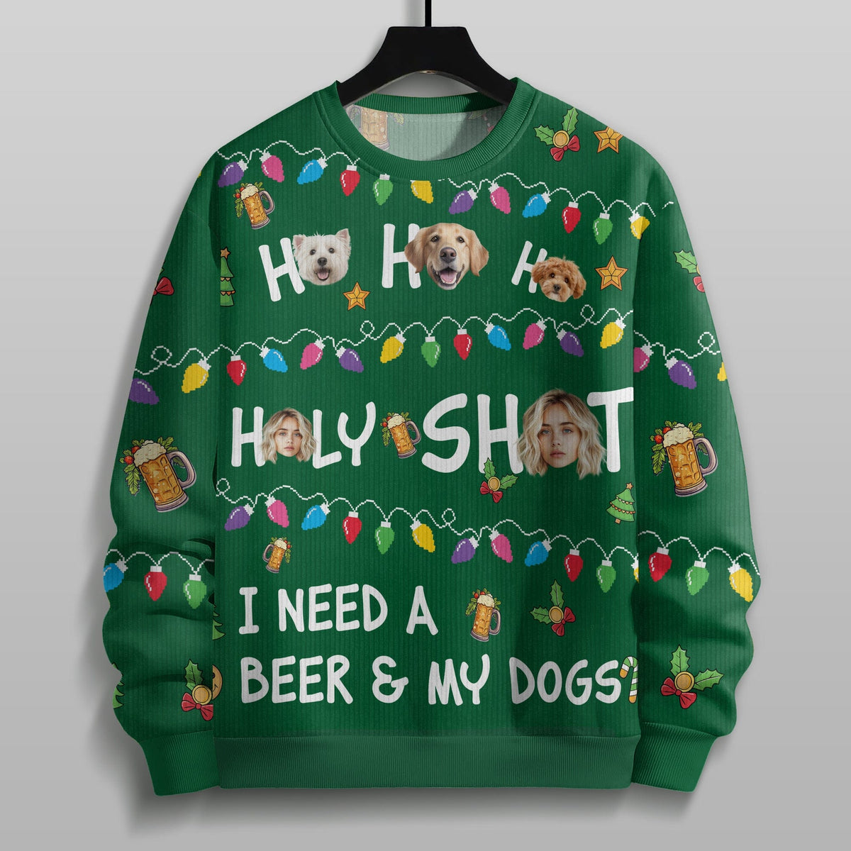 GeckoCustom Custom Photo Ho Ho Holy I Need A Beer And My Dog Ugly Sweater N304 HA75 891554