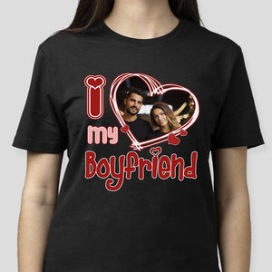 GeckoCustom Custom Photo I Love Him/Her Valentine Dark Shirt K228 890127 Women Tee / Black Color / S