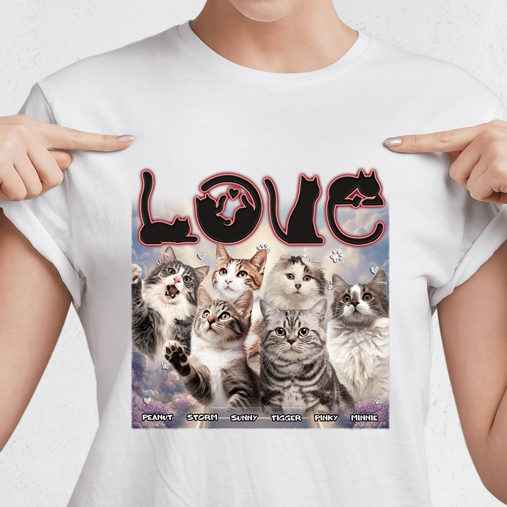 GeckoCustom Custom Photo Love Cats Vintage Bootleg Bright Shirt N304 890140 Women Tee / Light Blue Color / S