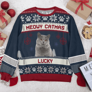 GeckoCustom Custom Photo Meowy Catmas Funny Cartoon Cats All-Over-Print Ugly Sweater HO82 893112