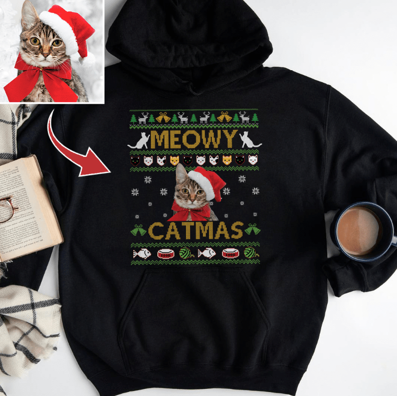 GeckoCustom Custom Photo Meowy Catmas Sweatshirt Hoodie Premium Shirt NA29 HN590 Pullover Hoodie / Black Colour / S