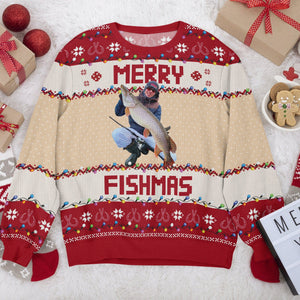 GeckoCustom Custom Photo Merry Fishmas Gift For Fishing Lovers Ugly Sweater HA75 891492