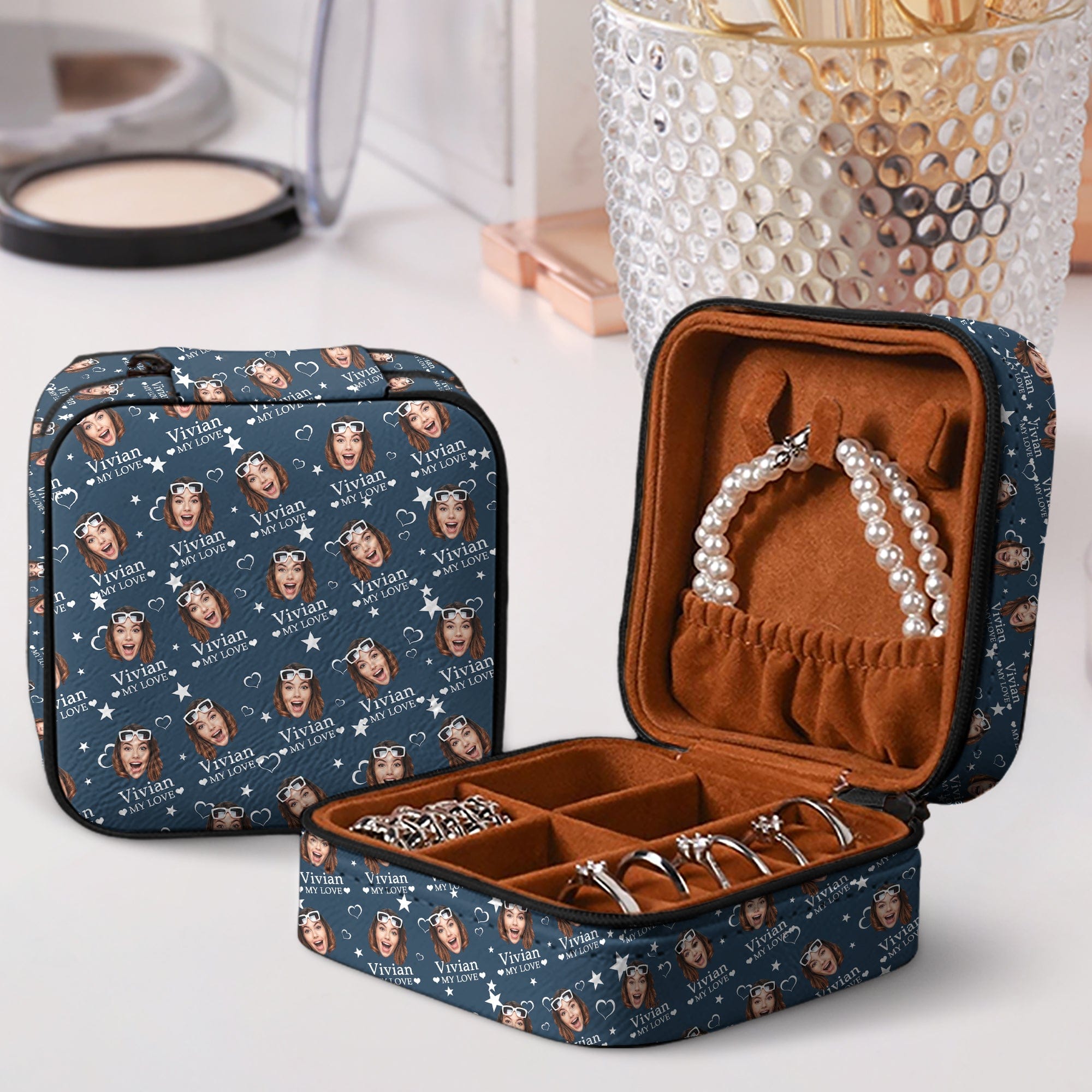 GeckoCustom Custom Photo My Love My Bestie My Friend Christmas Gift Jewelry Travel Box TH10 892037 10.6*10.2*6cm / PU Leather & Pearl Velvet