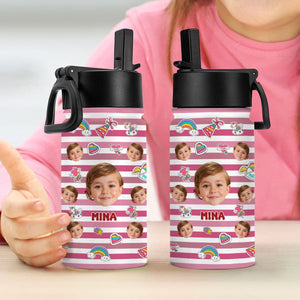 GeckoCustom Custom Photo Stripes And Adorable Pattern Kid Water Bottle With Straw HA75 891270 12 oz