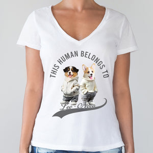 GeckoCustom Custom Photo This Human Belongs To Dog Cat Shirt TH10 892377 Women V-neck / V White / S