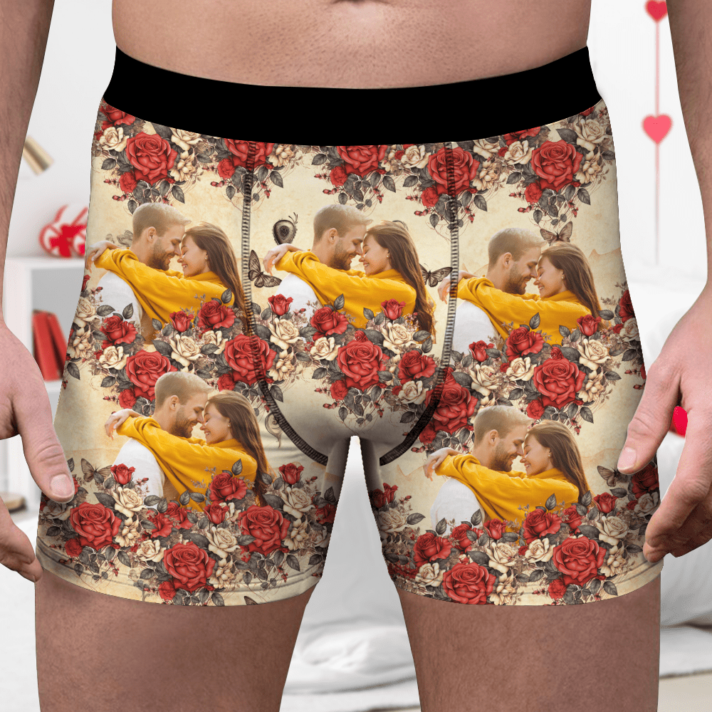 GeckoCustom Custom Photo Vintage Butterfly Roses Couple Boxer Gift For Valentine's Day HO82 893386 1 Piece / XS