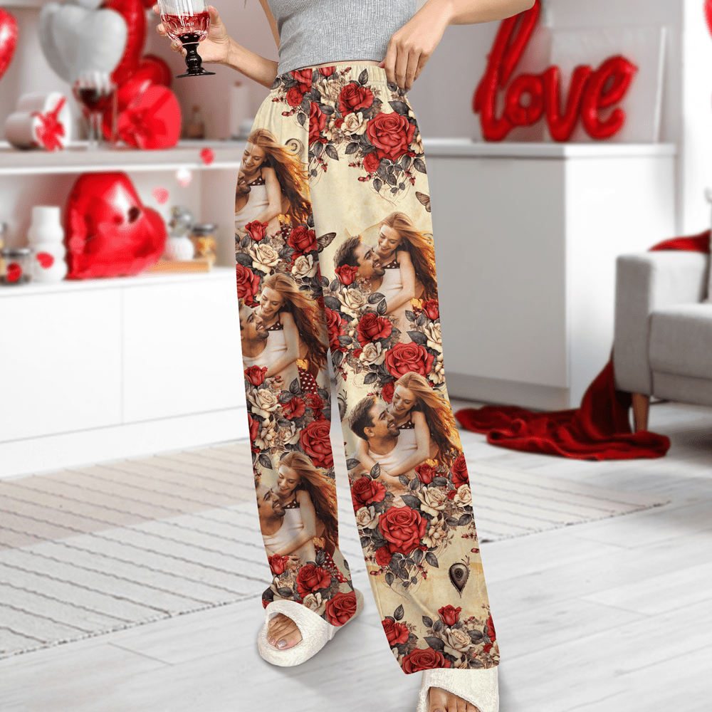 GeckoCustom Custom Photo Vintage Butterfly Roses Couple Pajamas Gift For Valentine's Day HO82 893382