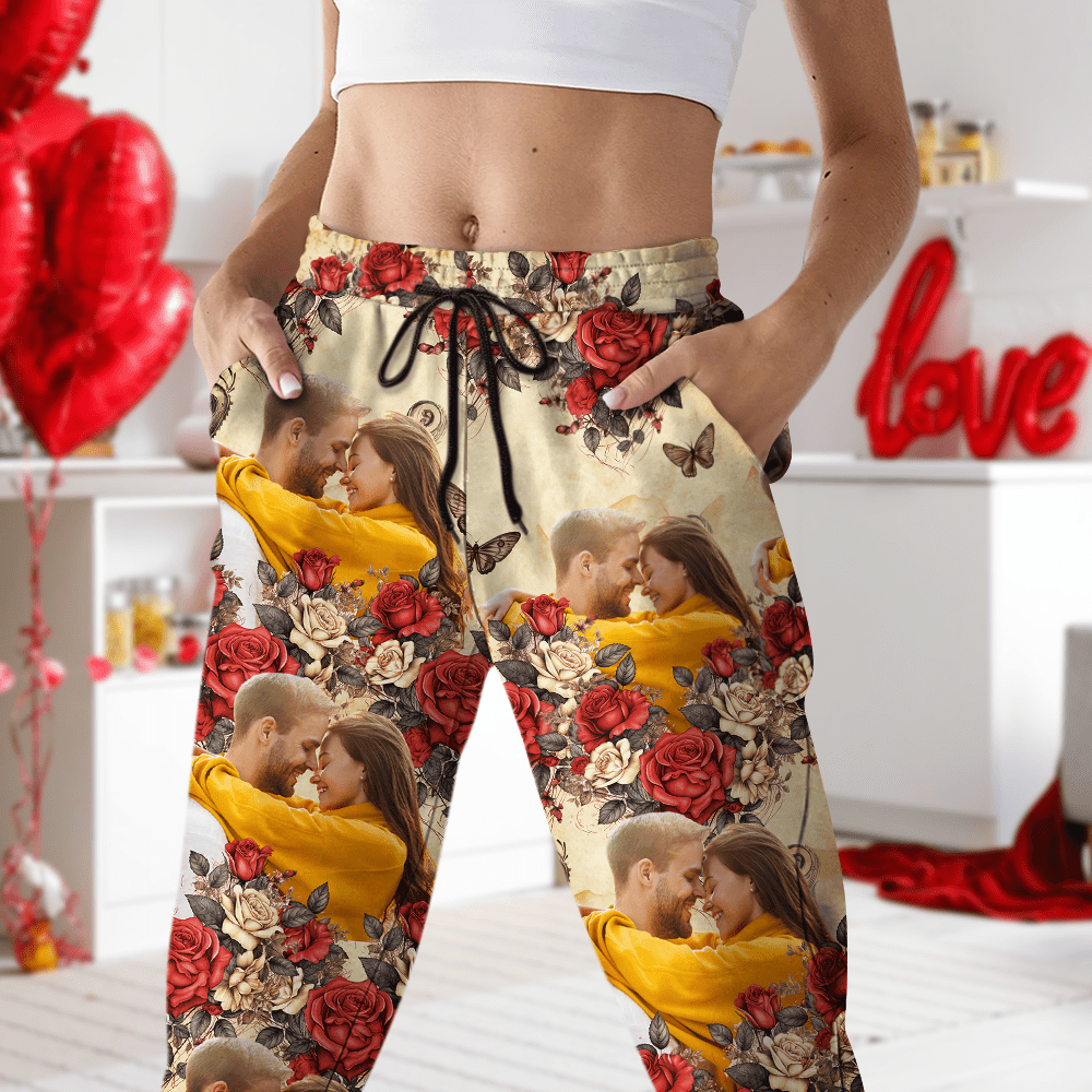 GeckoCustom Custom Photo Vintage Butterfly Roses Couple Sweatpants Gift For Valentine's Day HO82 893384 For Woman / S
