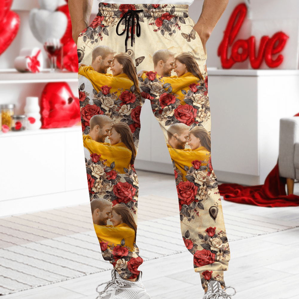 GeckoCustom Custom Photo Vintage Butterfly Roses Couple Sweatpants Gift For Valentine's Day HO82 893384