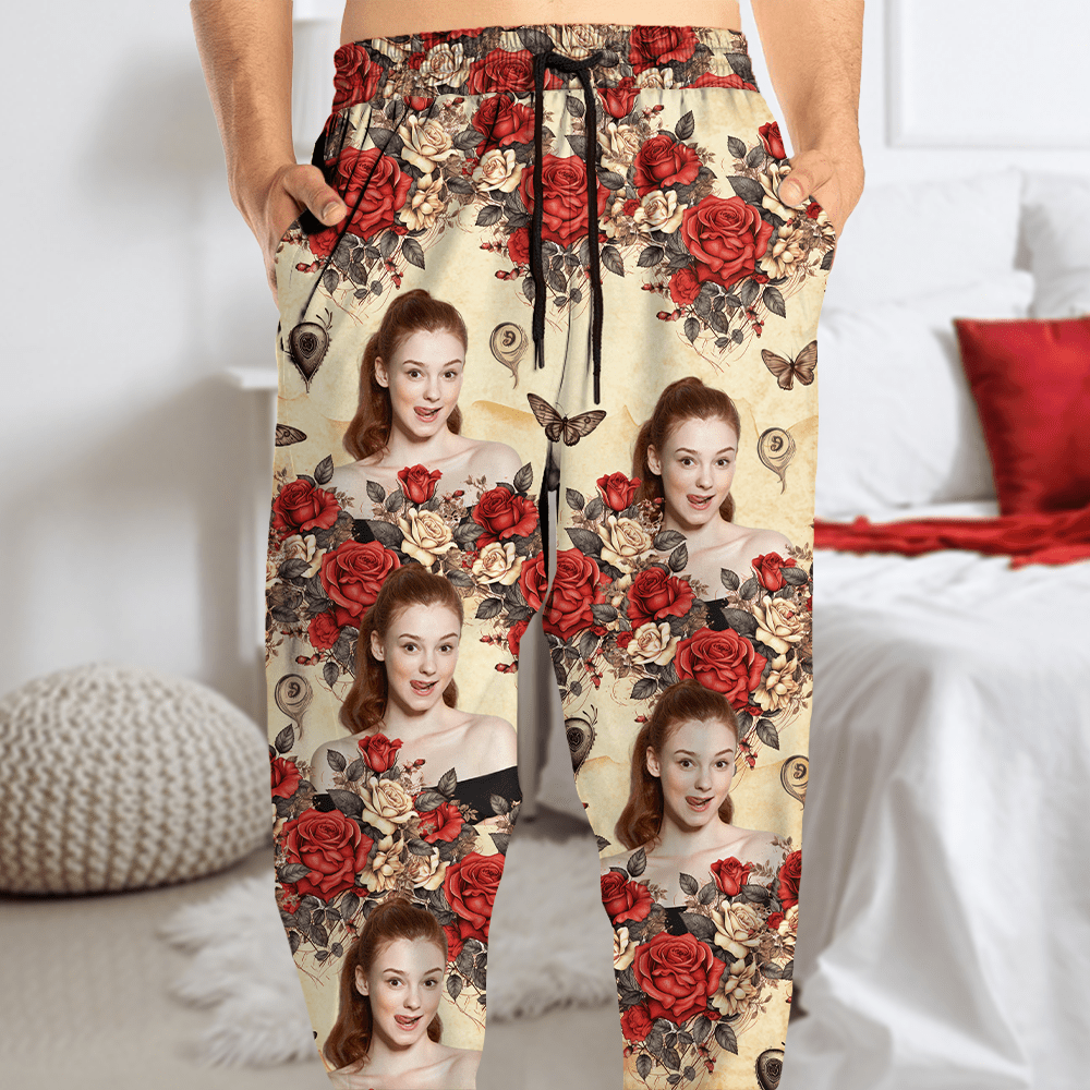 GeckoCustom Custom Photo Vintage Butterfly Roses Couple Sweatpants Gift For Valentine's Day HO82 893384
