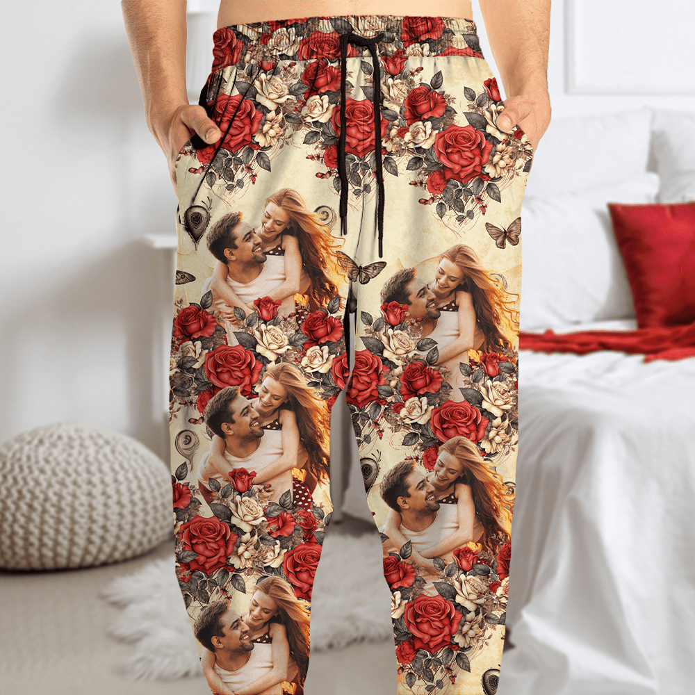 GeckoCustom Custom Photo Vintage Butterfly Roses Couple Sweatpants Gift For Valentine's Day HO82 893384