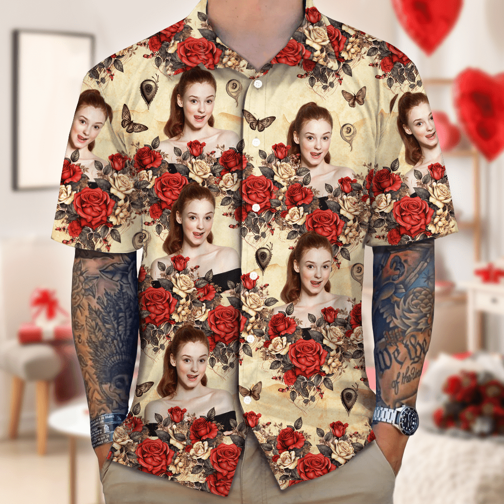 GeckoCustom Custom Photo Vintage Butterfly Roses Hawaiian Shirt Gift For Valentine's Day HO82 893380