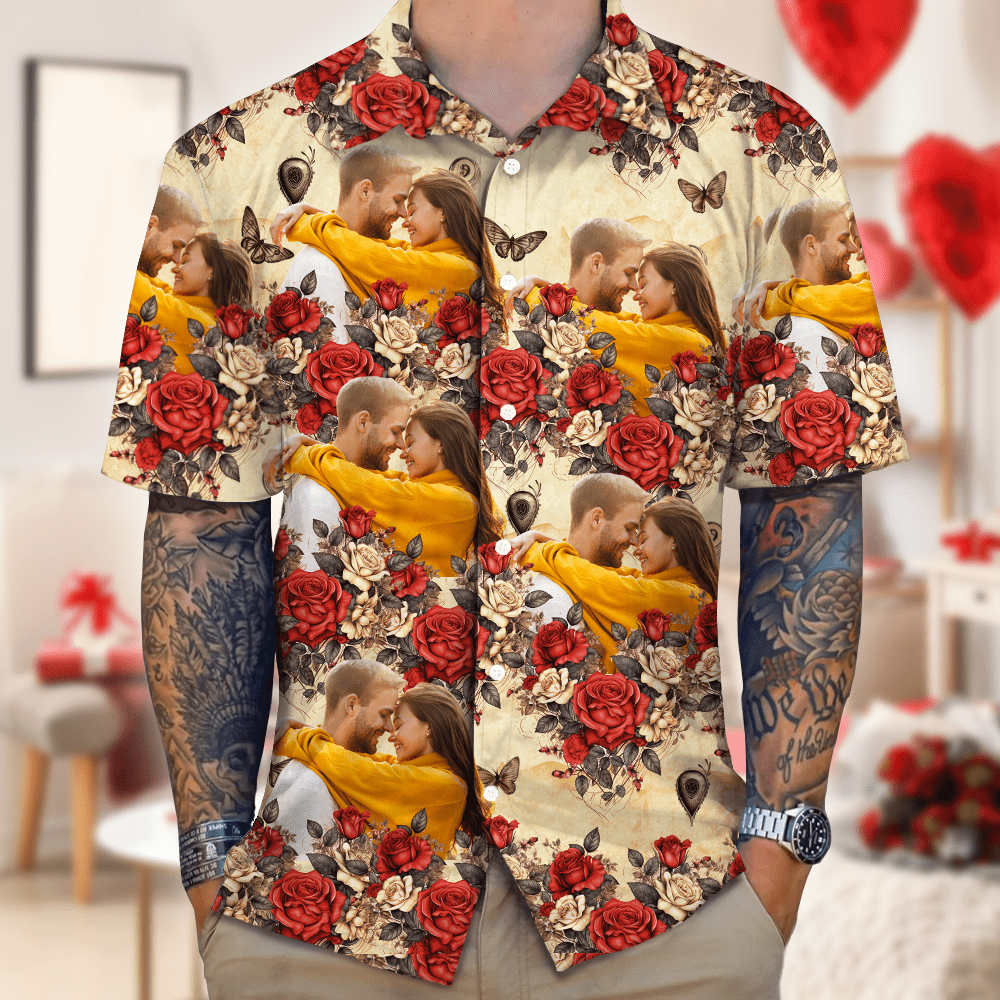 GeckoCustom Custom Photo Vintage Butterfly Roses Hawaiian Shirt Gift For Valentine's Day HO82 893380 For Man / With Pocket / S