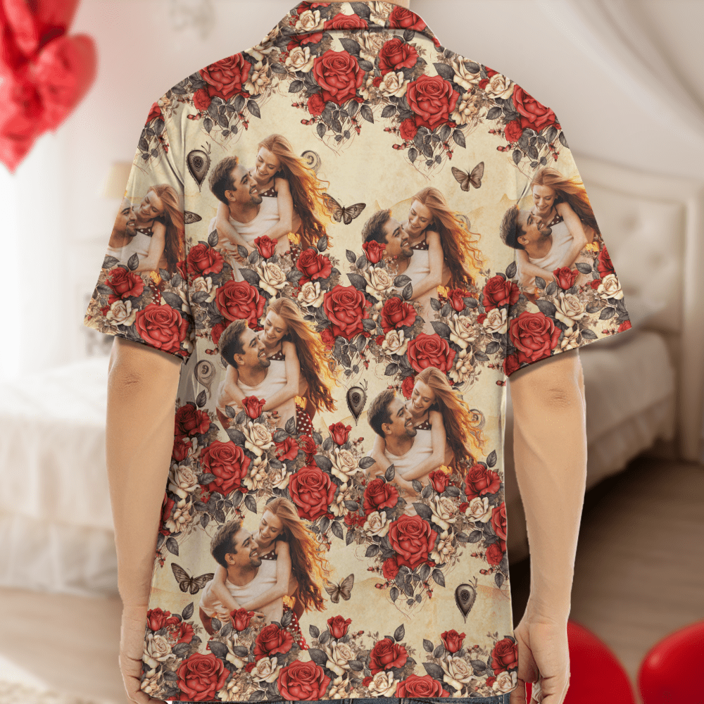 GeckoCustom Custom Photo Vintage Butterfly Roses Hawaiian Shirt Gift For Valentine's Day HO82 893380