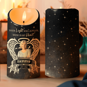 GeckoCustom Custom Photo Your Light Will Always Shine In My Heart Memorial LED Candle HO82 893498 4 inch