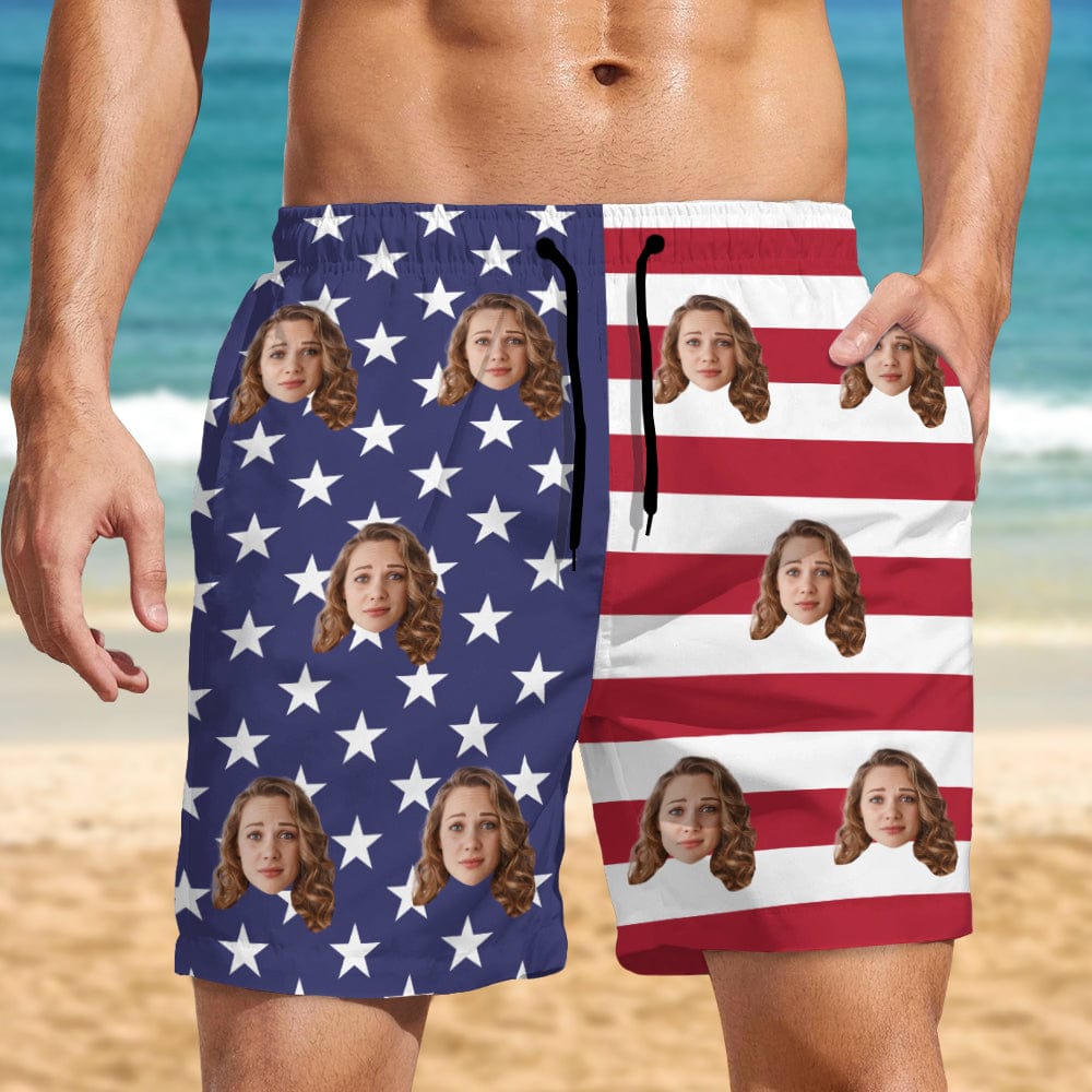 GeckoCustom Customs Human Face Photo American Flag Men's Beach Short DA199 889186