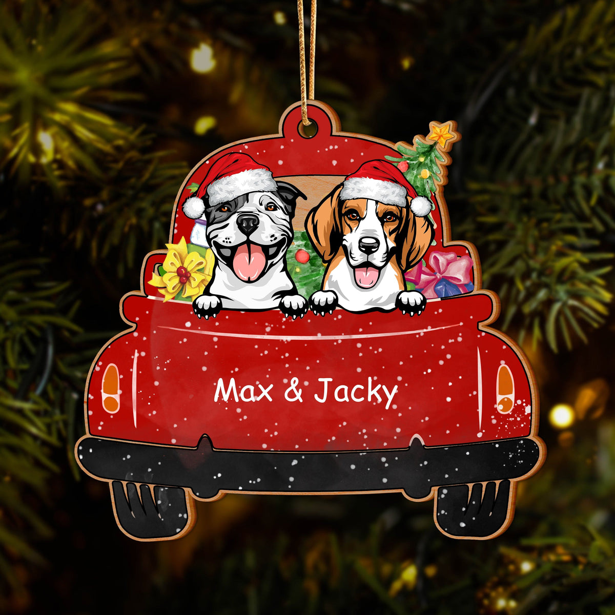 GeckoCustom Dog Christmas Red Truck Christmas Personalized Gift Wood Ornament HA75 891228
