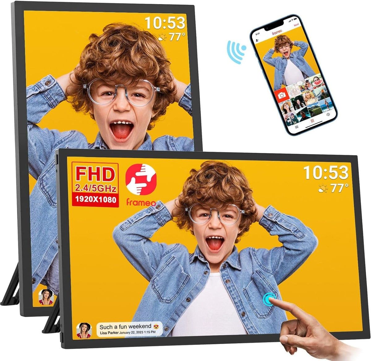 GeckoCustom FRAMEO 10.1 Inch Smart Wifi Digital Photo Frame 1280X800 IPS LCD Touch Screen, Auto-Rotate Portrait and Landscape, Built in 32GB Memory, Share Moments Instantly via Frameo App from Anywhere 21.5 Inch Frameo - Fhd