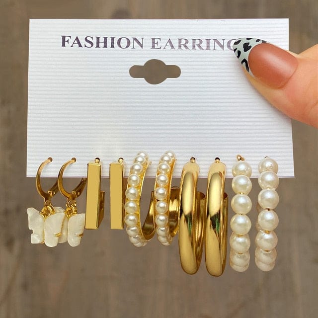 GeckoCustom Gold Color Pearl Hoop Earrings Set Metal Dangle Earrings Vintage Circle Geometric Twist for Women Girls Trendy Jewelry Gifts LY54782