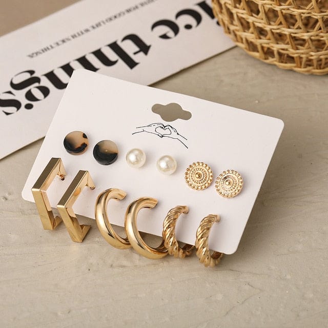 GeckoCustom Gold Color Pearl Hoop Earrings Set Metal Dangle Earrings Vintage Circle Geometric Twist for Women Girls Trendy Jewelry Gifts LY54046