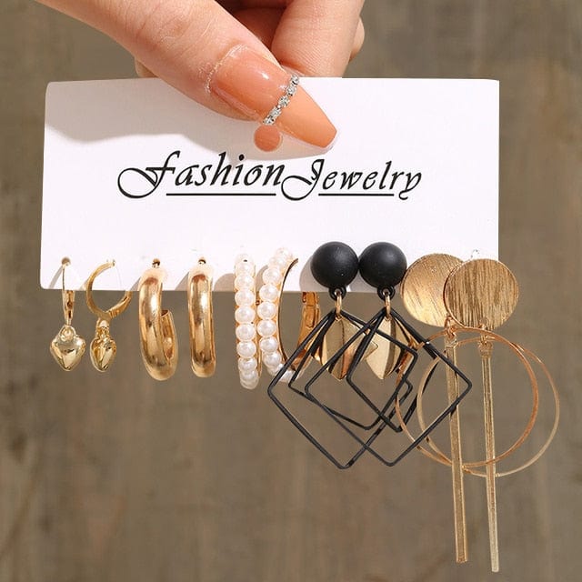 GeckoCustom Gold Color Pearl Hoop Earrings Set Metal Dangle Earrings Vintage Circle Geometric Twist for Women Girls Trendy Jewelry Gifts LY54677