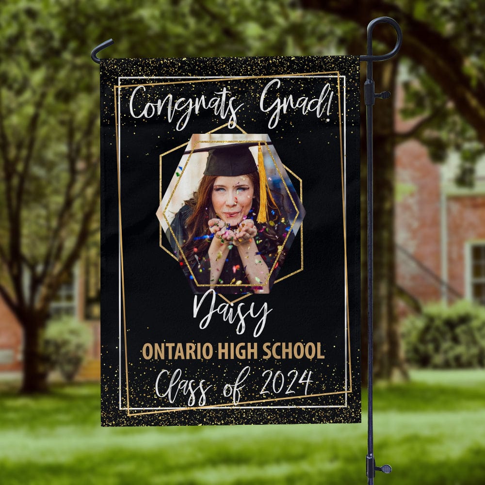 GeckoCustom Graduation Senior Class Of 2022 Gold Glitter Photo Garden Flag C204 12"x18"